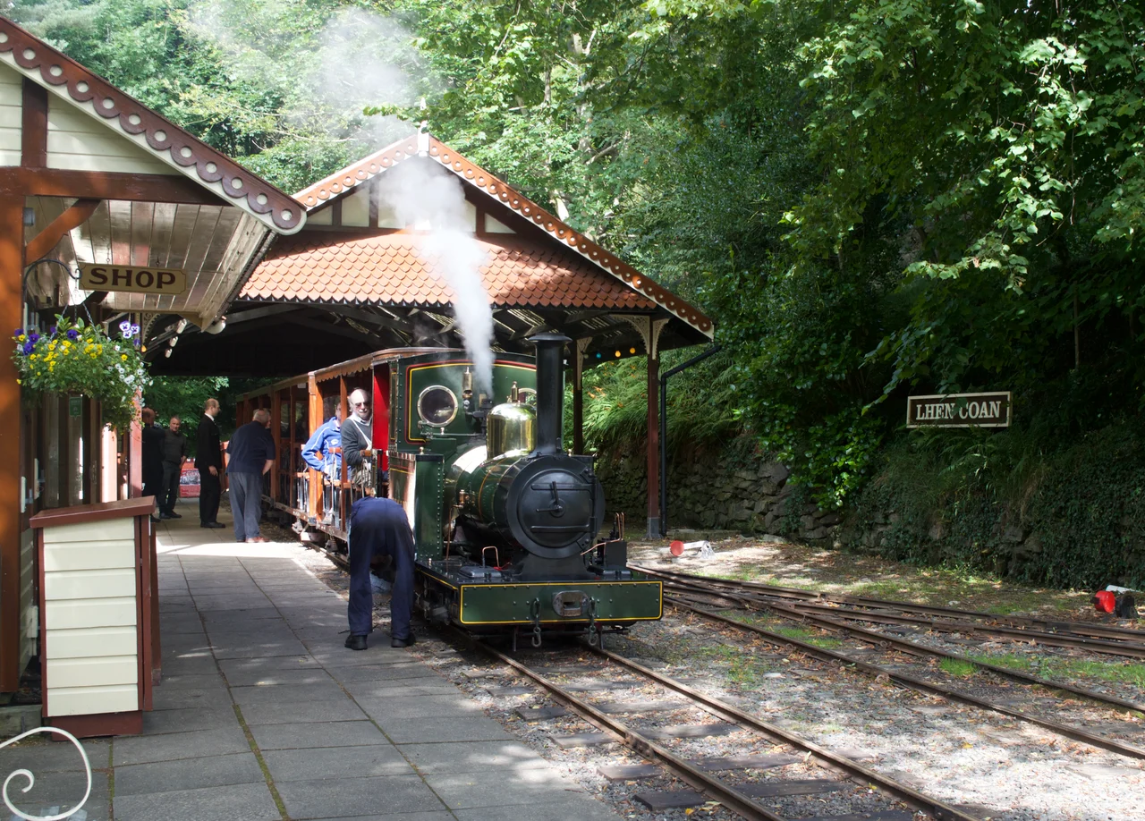Bagnall-built locomotive "Sea Lion" on shed at Lhen Coan on the Groudle Glen Railway.
