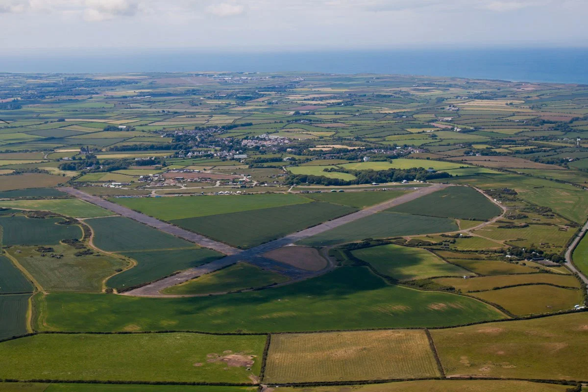 Aerial view of Andreas Airfield with Jurby visible in the distance.