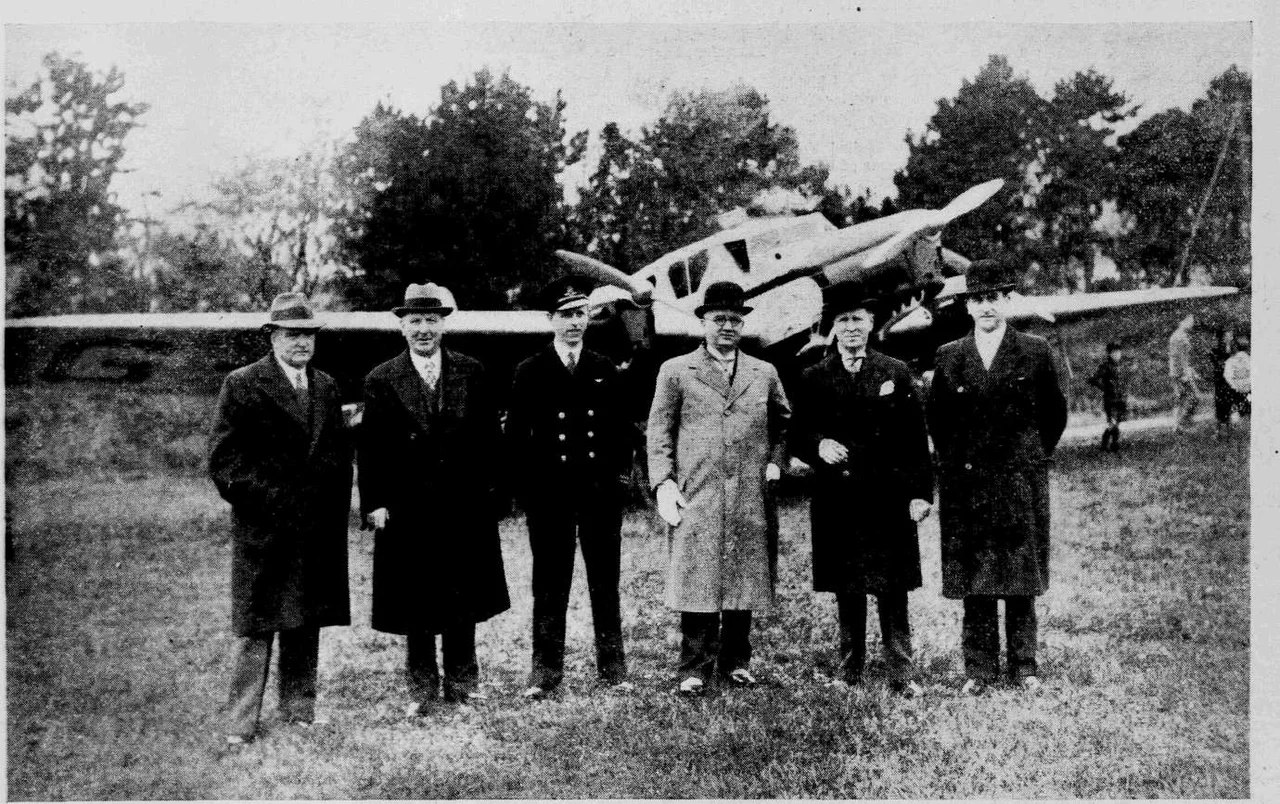 The opening of Hall Caine Airport, Tuesday April 30, 1935. Left to right; Mr. T.J. Rubens and Mr. J.J. Faragher vice-chairman and chairman respectively of Ramsey Town Commissioners; Oscar Garden (pilot); Alderman J. Skillicorn (Mayor of Douglas); Mr. Percy Shimmin (Douglas Town Clerk) and Mr. W.E. Faragher (Ramsey Town Clerk).
