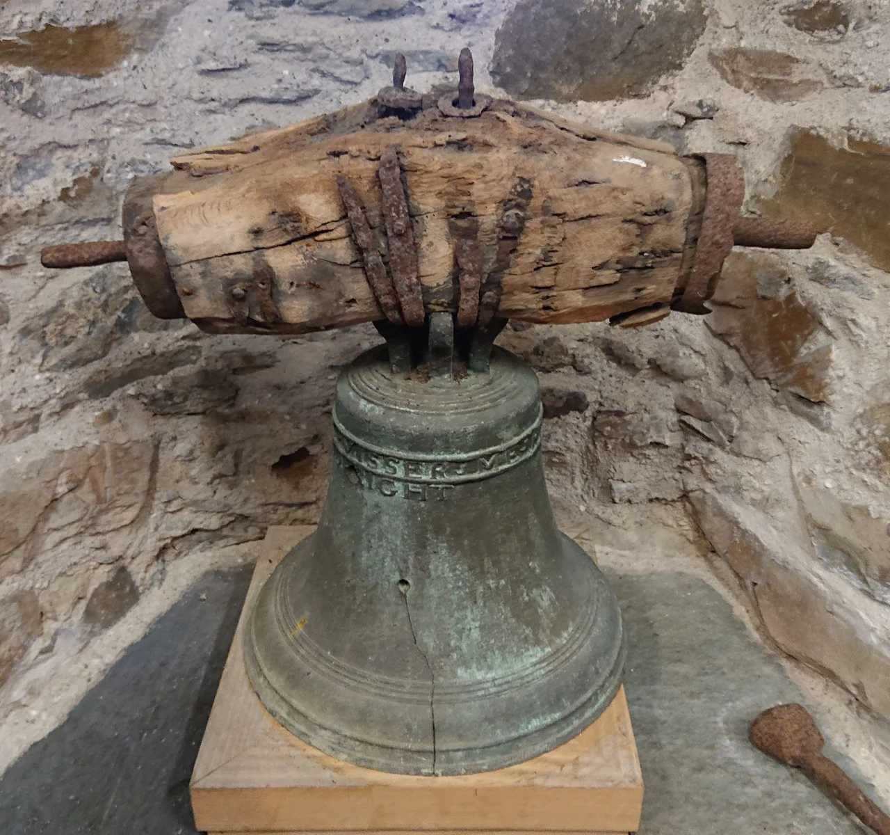 A bell, known as 'the toun's litle bell', on display in Kirkcudbright Tolbooth. It was cast in Rotterdam in 1724 by Quirfn de Visser.