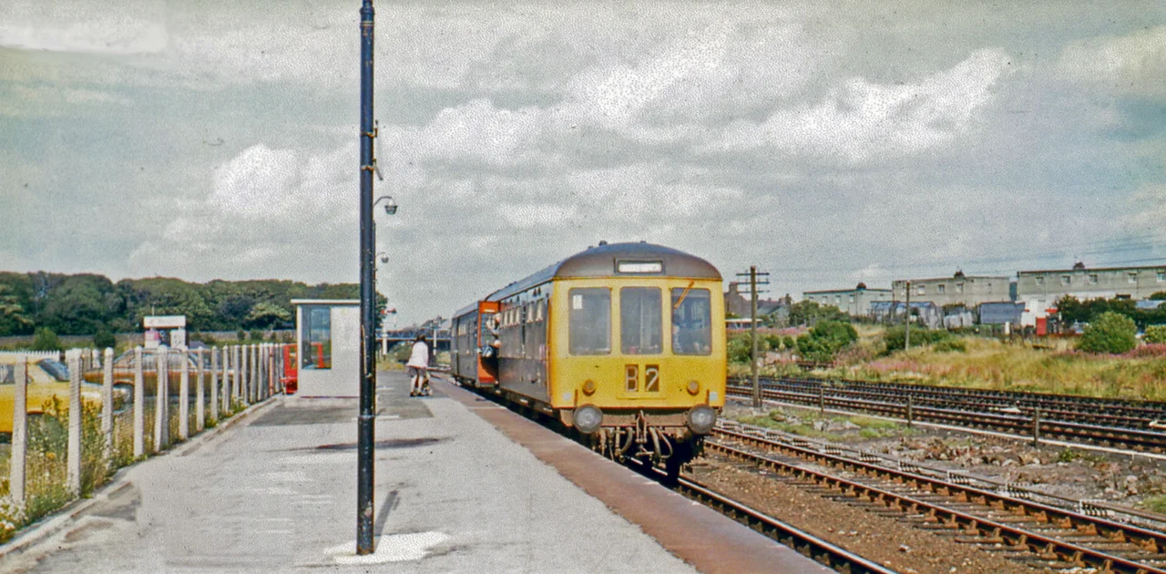 Maryport station with train, 1974View NE, towards Carlisle: ex-Maryport & Carlisle main line, with end-on junction with the ex-LNWR Cumbrian Coast line to Workington and Whitehaven. (Cf. NY0336 : Maryport Station, when the station had some buildings!).