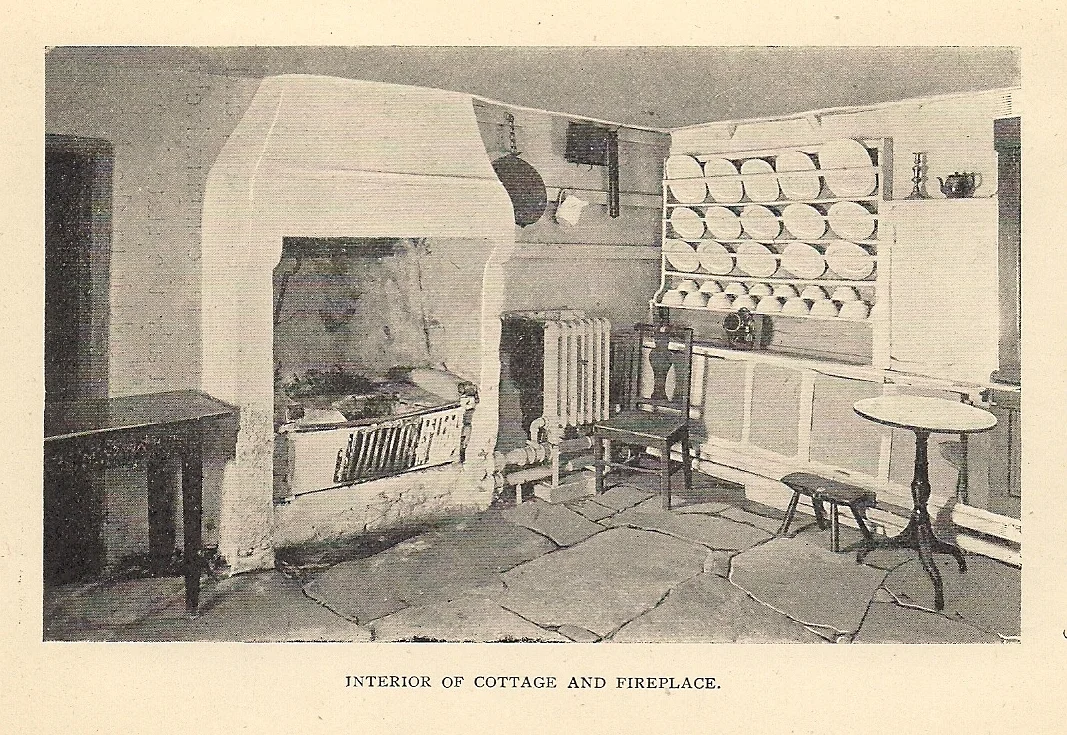 View of one of the rooms of the w:Burns Cottage, the birthplace and home of Scottish poet w:Robert Burns, showing the fireplace and dishes