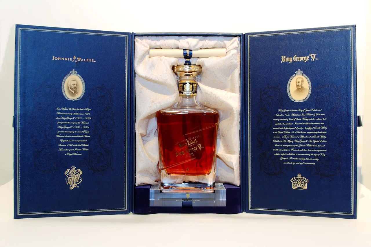 A bottle of Johnnie Walker Blue Label King George V Edition, in its elaborate packaging.