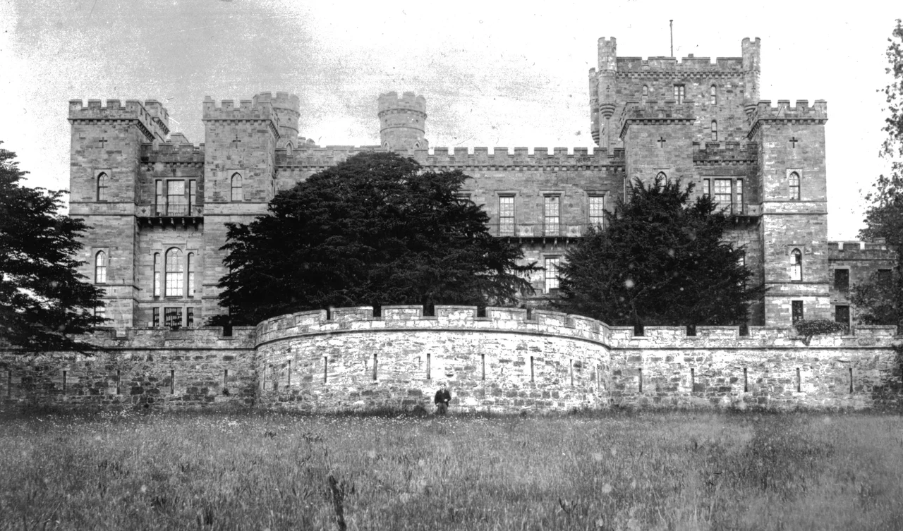 Loudoun Castle, Galston, East Ayrshire, Scotland, prior to the fire in the 20th century - also the famous Yew trees dating from the 16th Century.