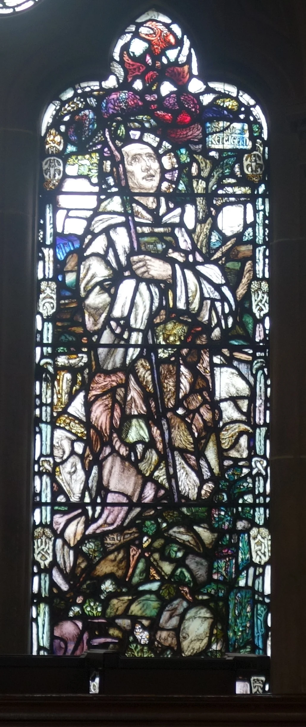 Stained glass windows in Bute Hall, University of Glasgow. Robert Story Memorial Window, by Douglas Strachan, placed in the Bute Hall of Glasgow University on 21 Oct. 1909. Saint Kentigern (=Saint Mungo)