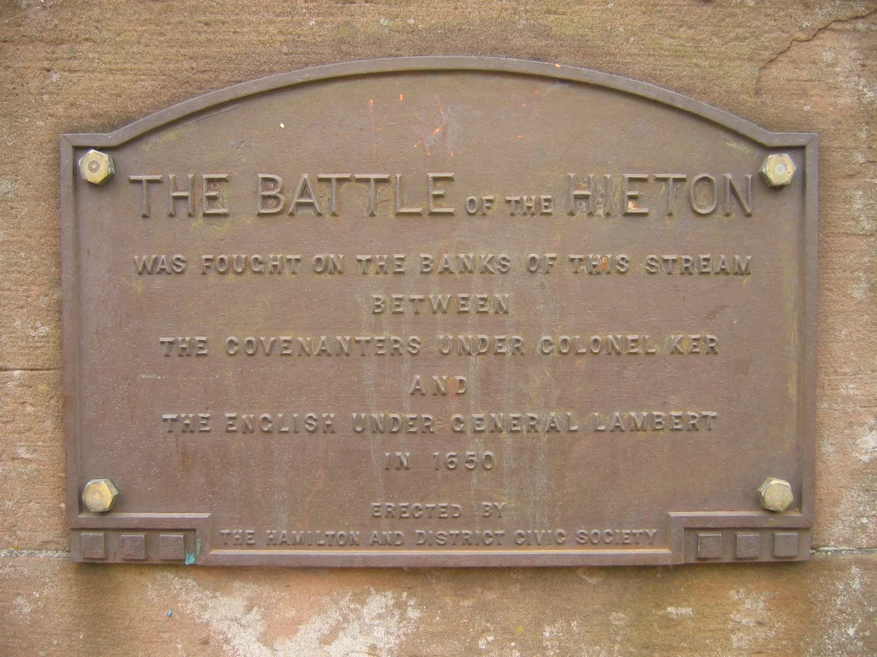 Plaque commemorating the Battle of Hieton, in Hamilton, South Lanarkshire, Scotland.