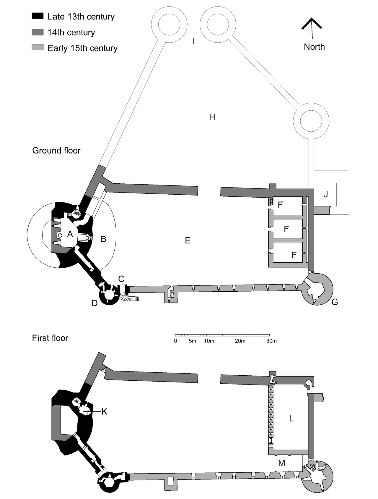 Plans of Bothwell Castle, Scotland.Key: A=Donjon, B=Ditch, C=Postern, D=South-west tower, E=Courtyard, F=Cellars, G=South-east tower, H=Outer courtyard, I=Foundations of gatehouse, J=Foundations of north-east tower, K=Portcullis room, L=Hall, M=Site of chapel.