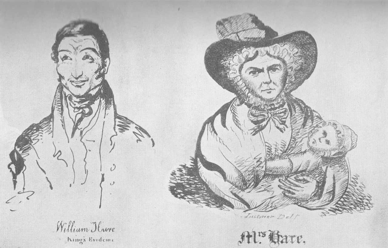 William Hare and Mrs Hare at the trial of Burke and McDougal for the West Port Murders, 1828