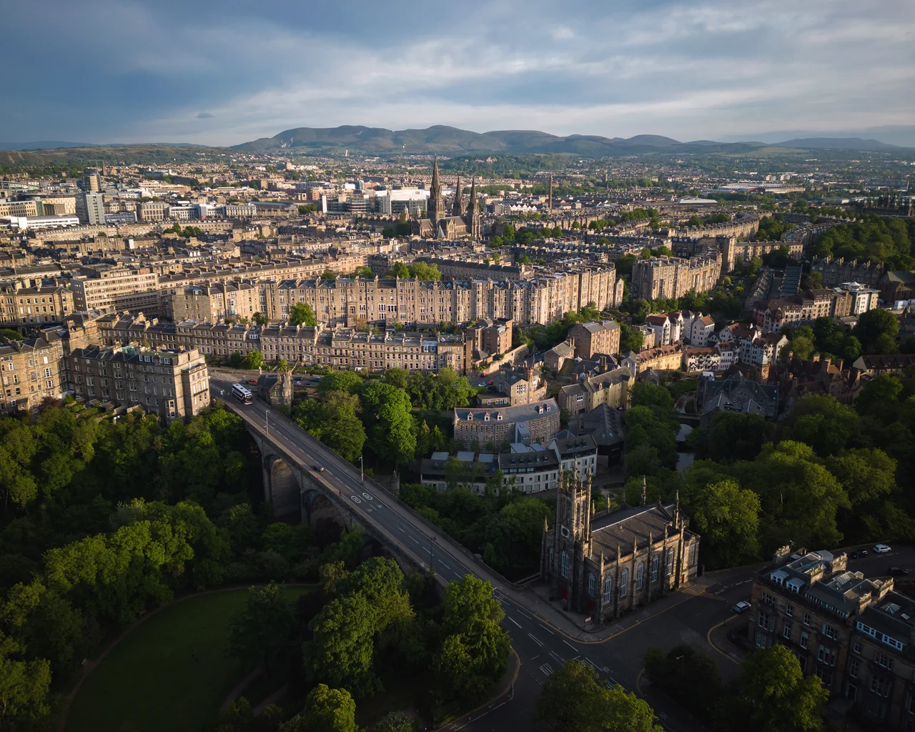An aerial view of the Dean Bridge and Dean Village.
