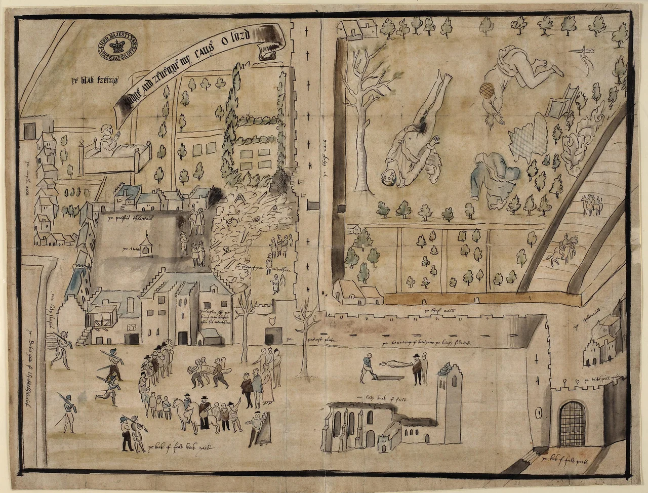 Drawing of the Kirk o' Field after the murder of Henry Stuart, Lord Darnley. Original size: 40×57.5cm.