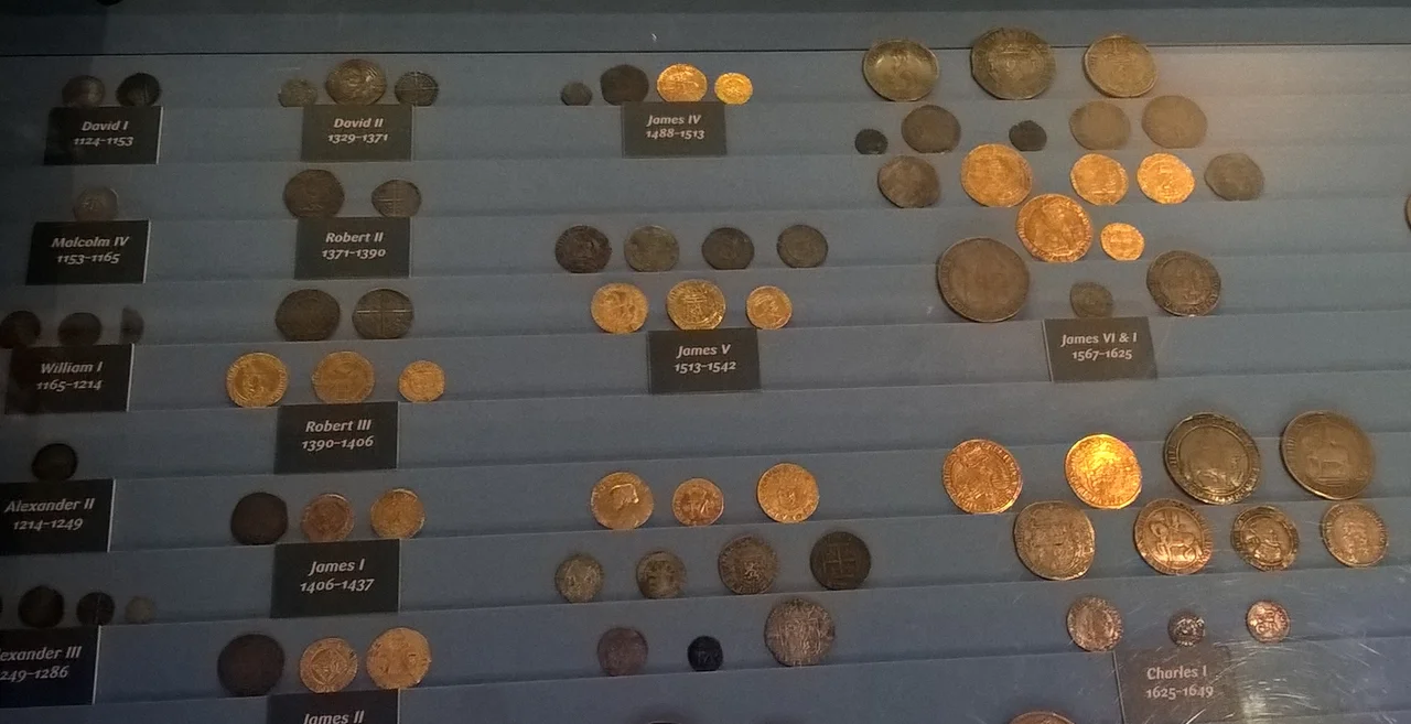 Part of a display of British coins in the Museum on the Mound, Edinburgh