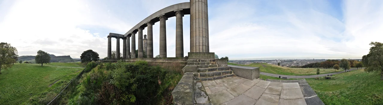 360° of the Calton Hill park as seen from the National Monument, Edinburgh. Nelson's Monument is also visible in between columns in the centre. To the right side are views of Firth of Forth. To the left rises Arthur's Seat and Holyrood Park. Photo by Gregg M. Erickson