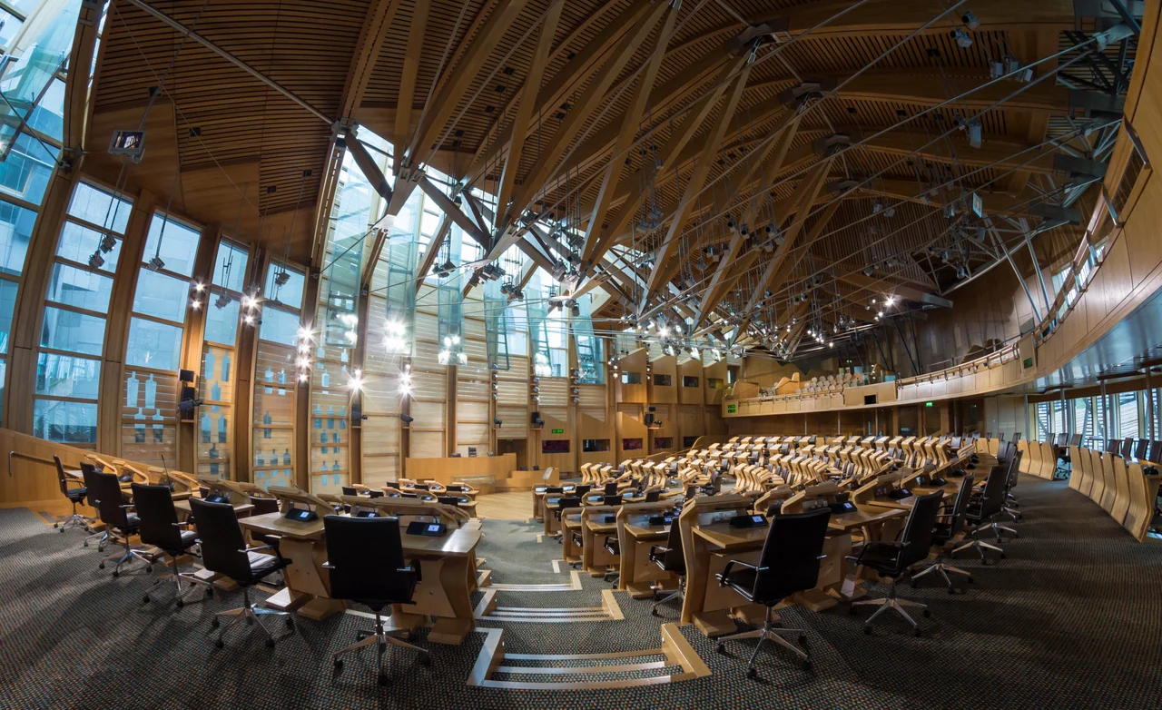 The debating chamber of the Scottish Parliament Building.