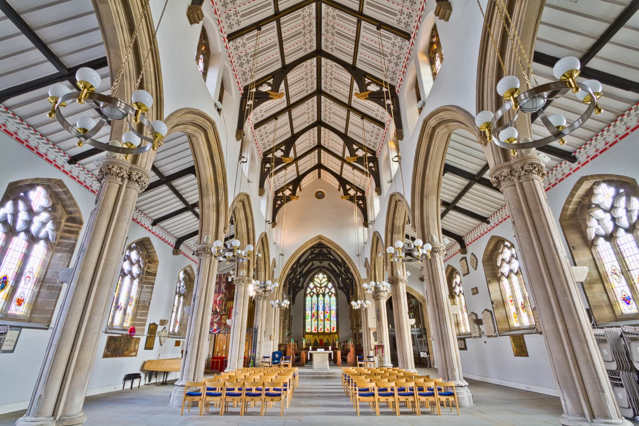 Inside the nave of St John's minster, Preston, Lancashire, looking east to the chancel