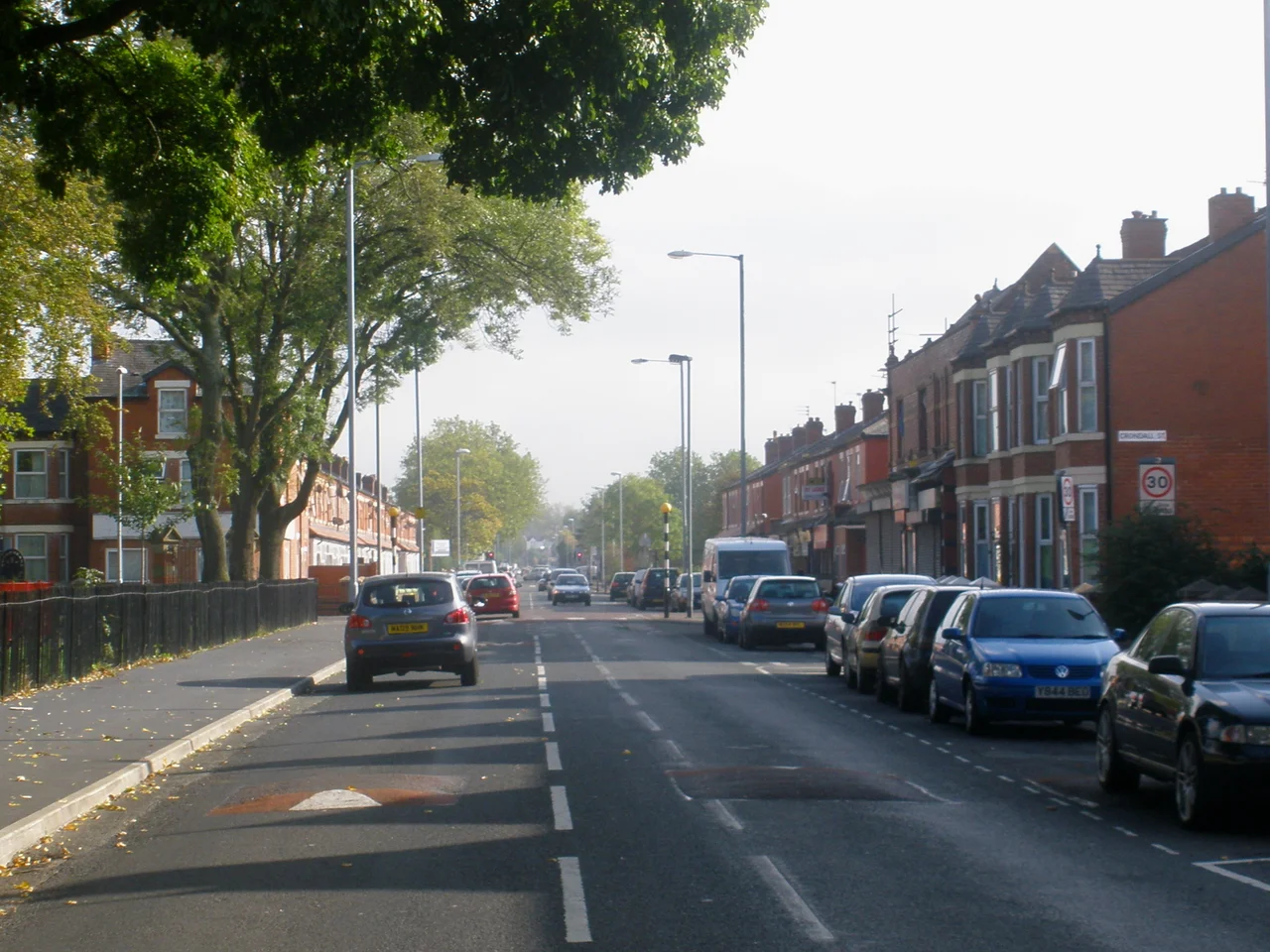 Great Western Street in Moss Side, by Millenium Park, looking east towards Rusholme