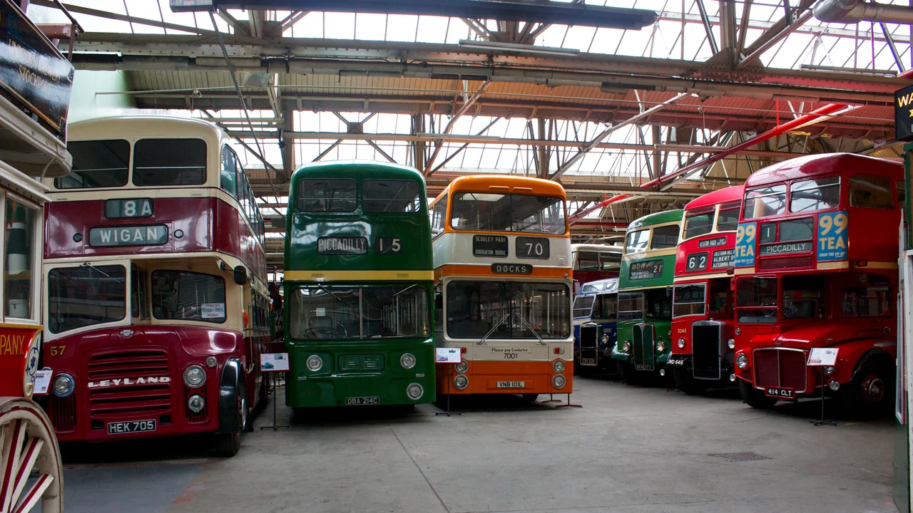 Four buses in the Museum of Transport in Manchester, all in their original liveries. From left to right, they are:
North Western Road Car Company's 432 (AJA 152), a 1939 Bristol K5G/Willowbrook.
Manchester Corporation's 3496 (TNA496), a 1958 Leyland Titan PD2/Burlingham.
Manchester Corporation's 4632 (4632 VM), a 1963 Daimler CVG6/Metro Cammell.
Salford Corporation's 112 (TRJ 112), a 1962 Daimler CVG6/Metro Cammell.
