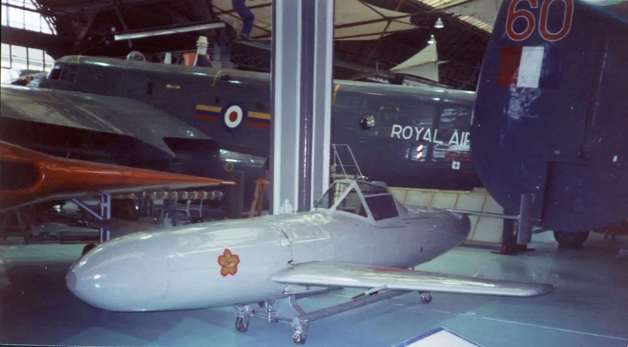 Japanese (unused) kamikaze airplane in the Museum of Science and Industry in Manchester, United Kingdom. On the background you can see an RAF Avro Shackleton plane.

According to Japanese Aircraft Survivors, it is a Yokosuka MXY-7 Baka.  "Baka" was the US military name, short for "Bakatari" (fool).  The Japanese name was Yokosuka MXY-7 Ohka.