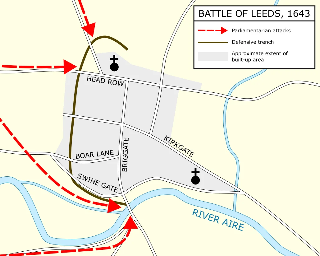 In January 1643, a Parliamentarian assault, led by Thomas Fairfax, captured Leeds. The map shows the approximate extent of Leeds at the time, and the avenues of attack taken by the Parliamentarians.