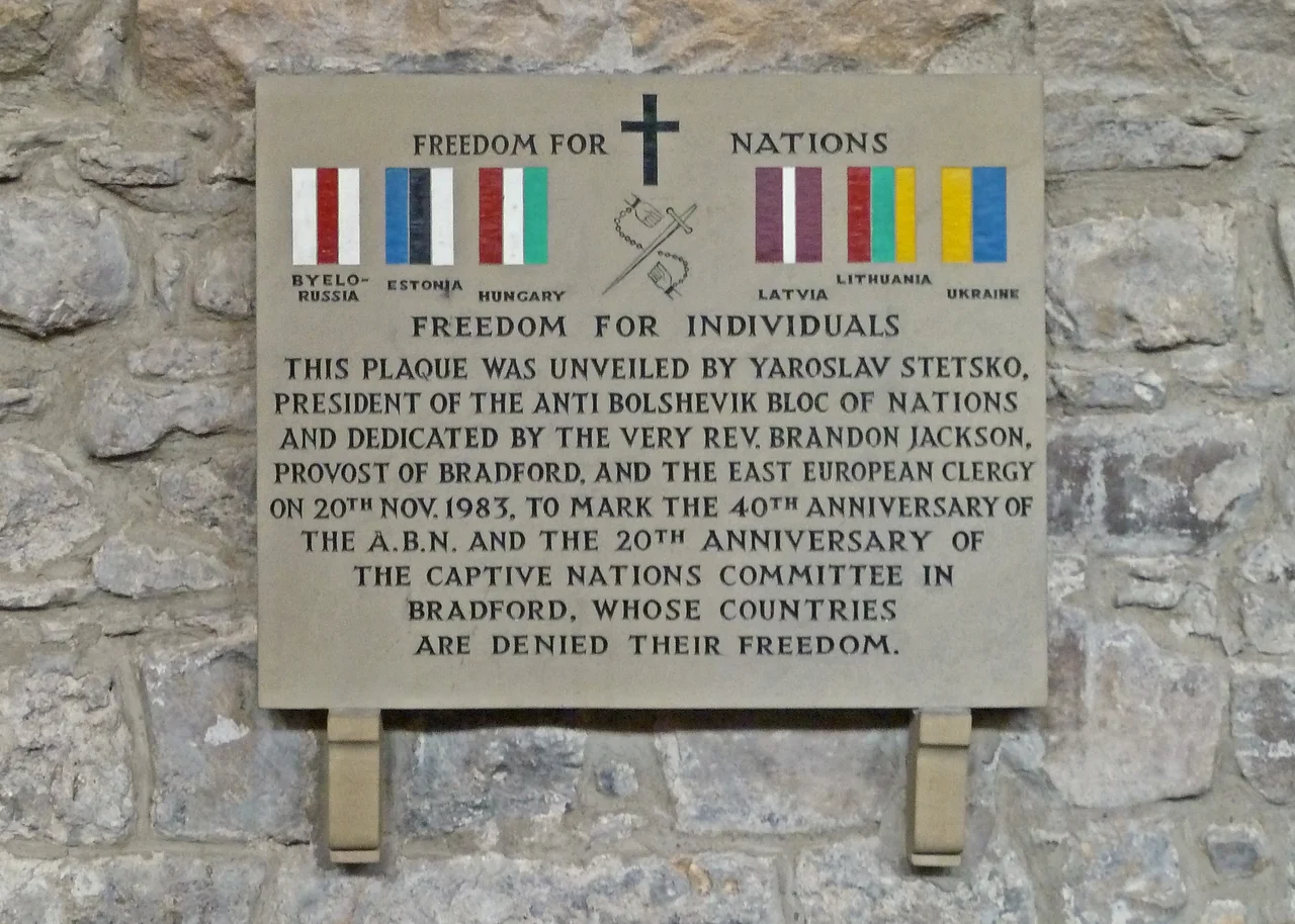Yaroslav Stetsko, president of the Anti Bolshevik Bloc of Nations, unveiled a plaque "Freedom for Nations, Freedom for Individuals" at Bradford Cathedral, November 20, 1983.