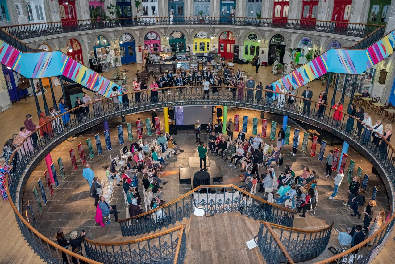 A City Without Seams launch in the Corn Exchange from above. LEEDS 2023. Photograph Ant Robling.