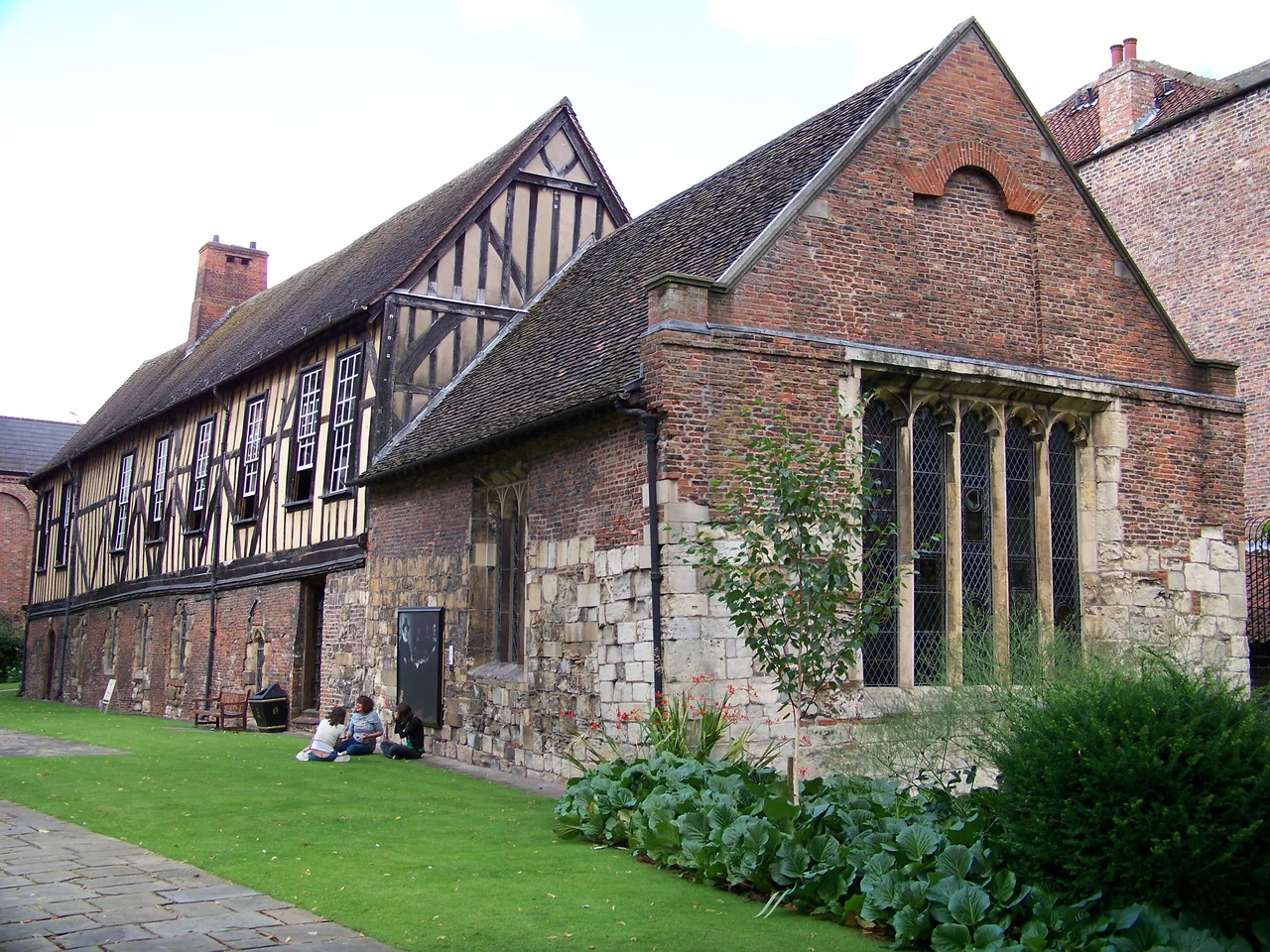The front of the Merchant Adventurers' Hall, York, England a medieval guild–hall with a timber-framed structure and was completed by 1368.