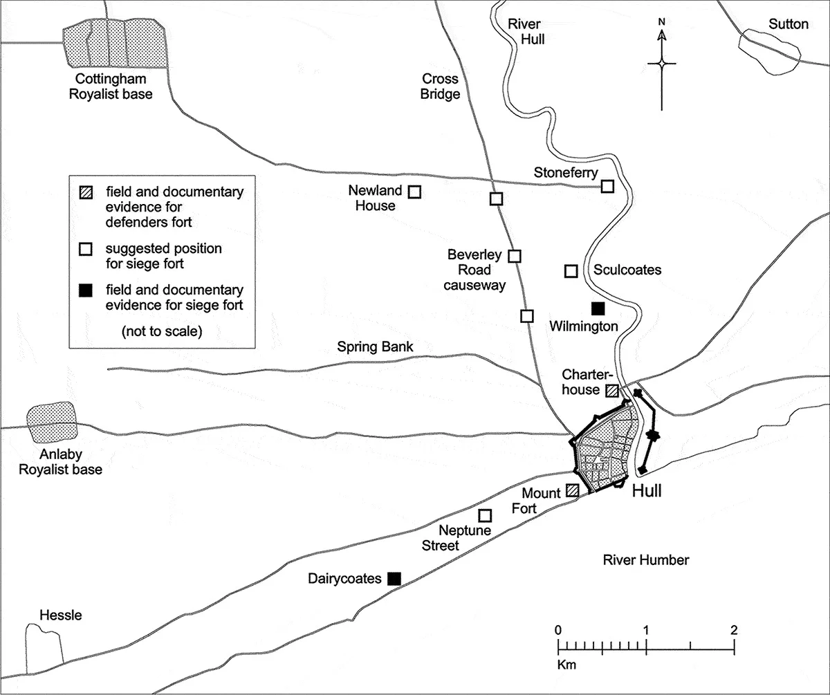 Original caption read: "The location of the Royalist siege forts, and the two defenders forts, which played a part in the Civil War siege of Hull in 1643."