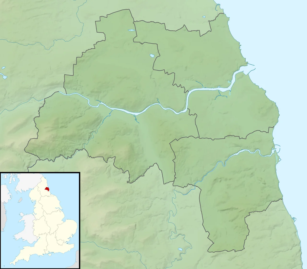 Relief map of Tyne and Wear, UK.
Equirectangular map projection on WGS 84 datum, with N/S stretched 170%
Geographic limits:
West: 1.90W
East: 1.30W
North: 55.09N
South: 54.78N