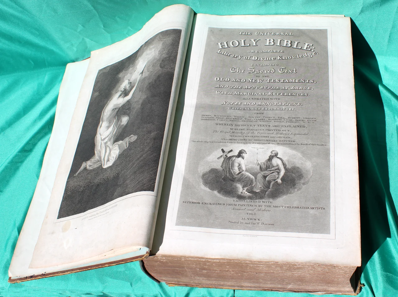 This shows a copy of the famous Davison Bible . Believed to be one of the first Partwork bibles and originally sold in 100 folios so as to be accessible to working people. Afterwards released as a full sized altar bible.