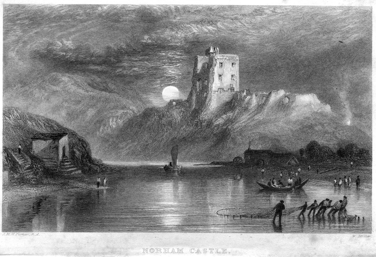 Norham Castle, Moonrise (Rawlinson 522) engraving by William Miller after Turner, published in The Miscellaneous Prose Works of Sir Walter Scott, Bart. Embellished with Portraits, Frontispieces, Vignette Titles and Maps. The Designs of the Landscapes from Real Scenes by J.M.W. Turner, R.A.. Edinburgh: Robert Cadell, Edinburgh; Whitaker, Arnot, and Company, London; John Cumming, Dublin 1834 - 1836