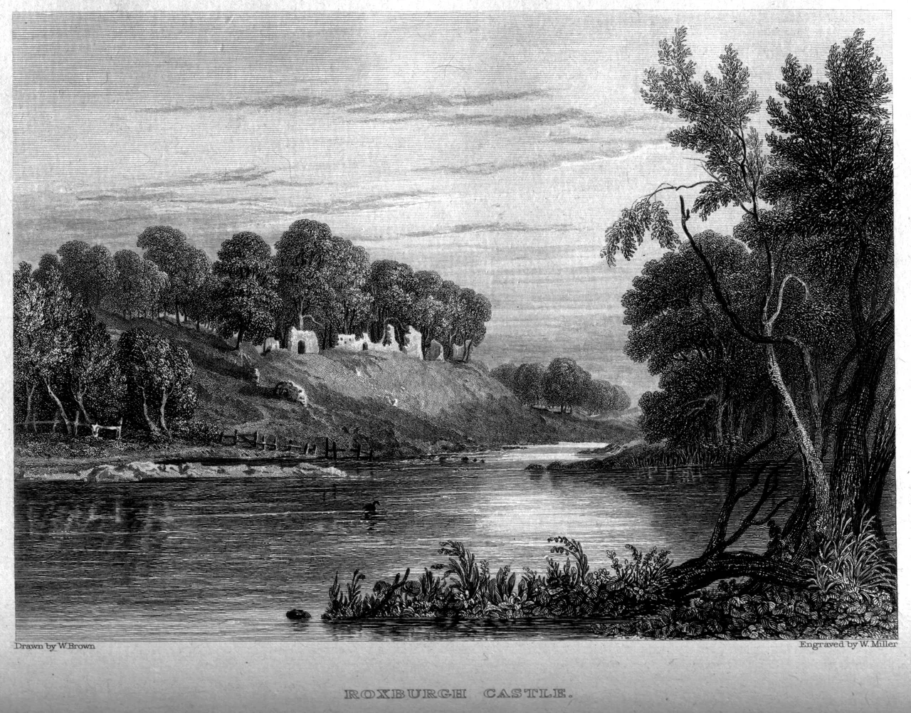 Roxburgh Castle, engraving by William Miller after W Brown, published in Select Views Of The Royal Palaces Of Scotland, From Drawings by William Brown, Glasgow; With Illustrative Descriptions Of Their Local Situation, Present Appearance, And Antiquities. John Jamieson. Cadell & Co & Simpkin Marshall, Edinburgh & London 1830