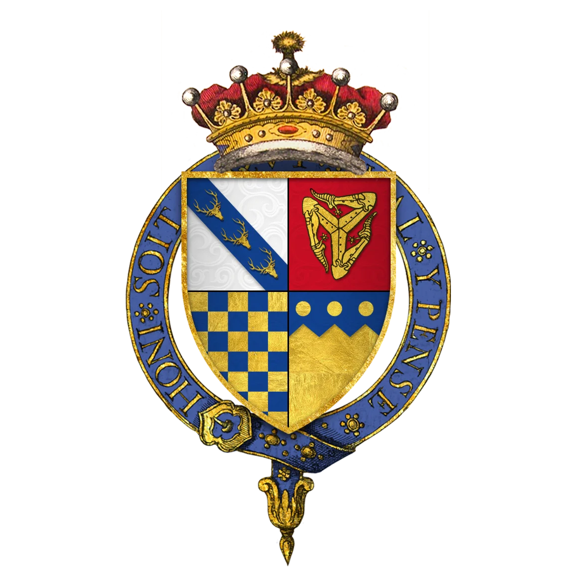 Quartered arms of Sir Thomas Stanley, 1st Earl of Derby, KG
HOPE, W. H. St. John, The Stall Plates of the Knights of the Order of the Garter 1348 – 1485: A Series of Ninety Full-Sized Coloured Facsimiles with Descriptive Notes and Historical Introductions, Westminster: Archibald Constable and Company LTD, 1901.
“
Plate LXXXVI - Sir Thomas Stanley, Lord Stanley, Earl of Derby, K.G. 1483-1504... shield of arms: quarterly: 1, silver on a bend azure three stags' heads gold (for Stanley); 2, gules three legs in gold armour flexed in triangle (for the Isle of Man); 3, checky gold and azure (for Warenne); 4, gold a chief indented azure and three bezants on the chief (for Lathom).
”
The Stall plate remains intact within the twelth stall, on the Prince's side of the chapel.