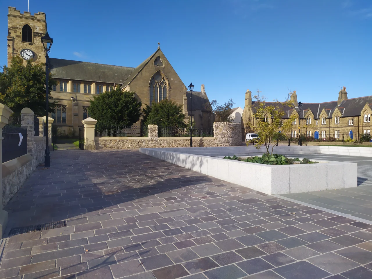 w:Bishopwearmouth Sunderland, depicting the city Minster and the newly created village green park in 2020.