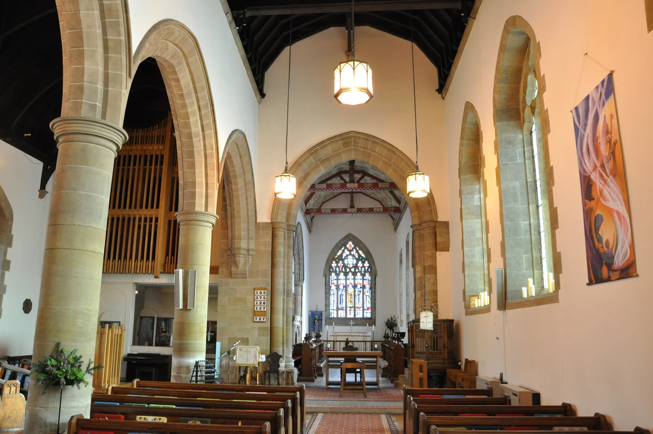 Inside the nave of St Peter's parish church, Monkwearmouth, Tyne and Wear, looking east to the chancel, with the north aisle on the left