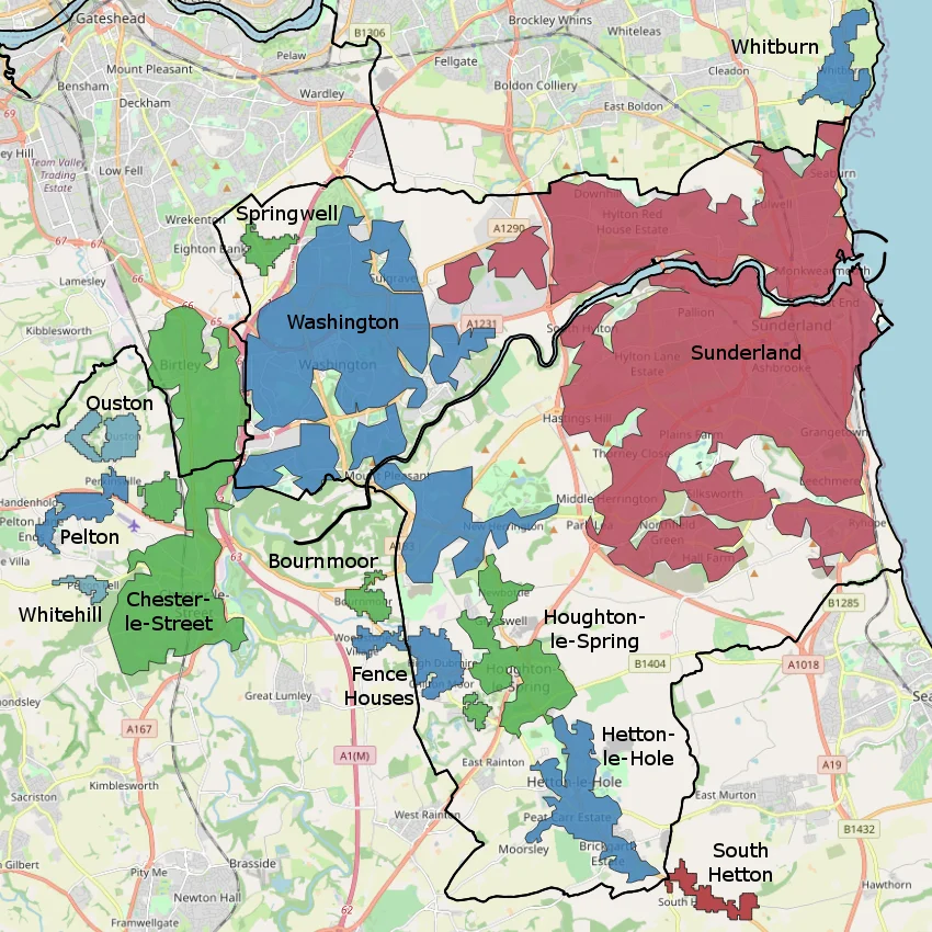 Map of the Wearside Urban Area with subdivisions and local authority boundaries