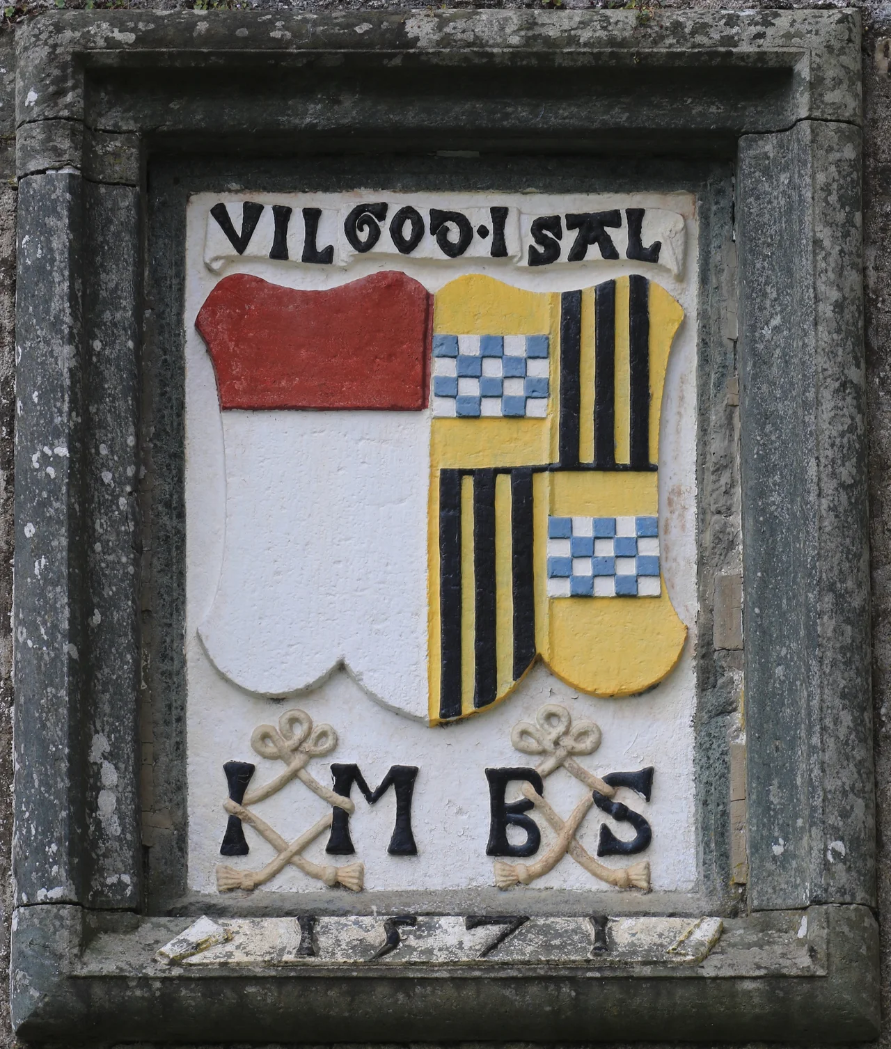 Stone erected in the wall of Castle Menzies by James Menzies in 1571, to record his marriage to Barbara Stewart.