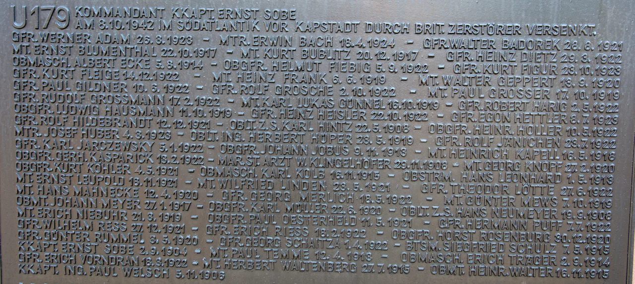 U-Boat memorial near Kiel: Memorial plaque to the casualties of U179, sunk with all 61 hands (depth charged) off Cape Town on 8 October 1942 by the British destroyer HMS Active. U-179 was a type IXD2 on her maiden patrol and had left Kiel on 8 September.