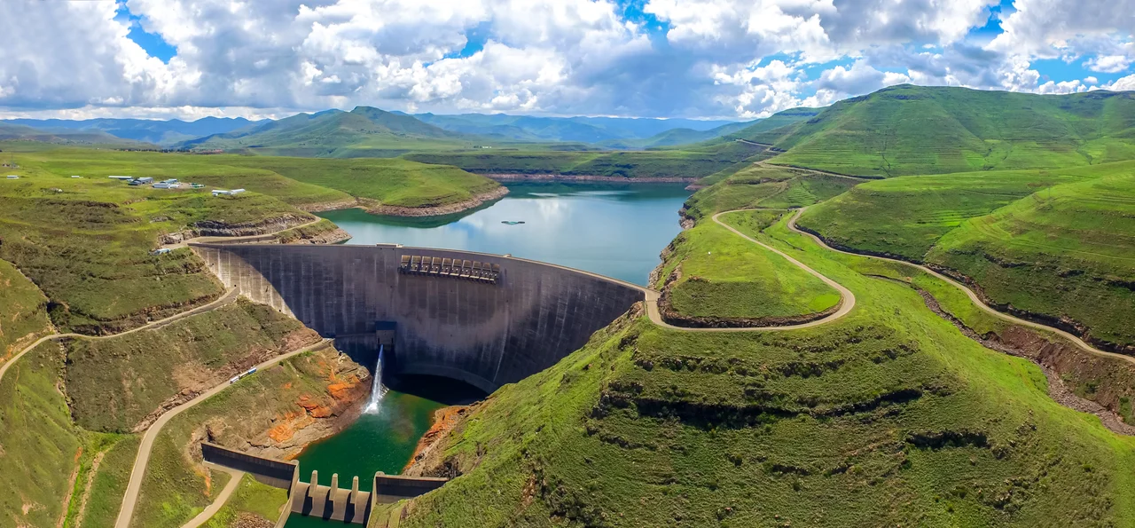 Katse Dam,  a 185m high concrete arch dam on the Malibamat'so River in Lesotho