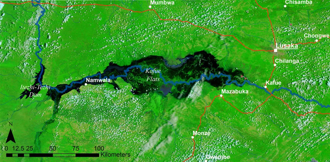 False colour NASA MODIS image of the Kafue Flats in flood and the Itezhi-Tezhi dam on 14 February 2008.