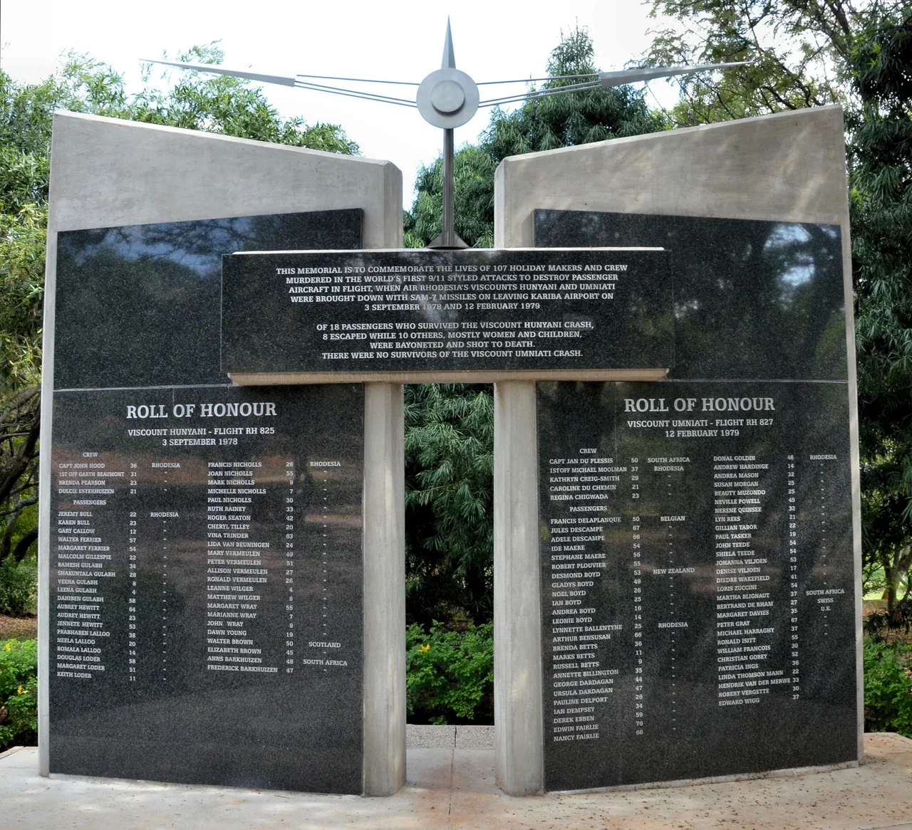 A memorial to commemorate the lives of 107 passengers and crew killed when Air Rhodesia's Viscounts Hynyani and Umniati were brought down with SAM-7 missiles on leaving Kariba Airport on 3 Sep 1978 and 12 Feb 1979.