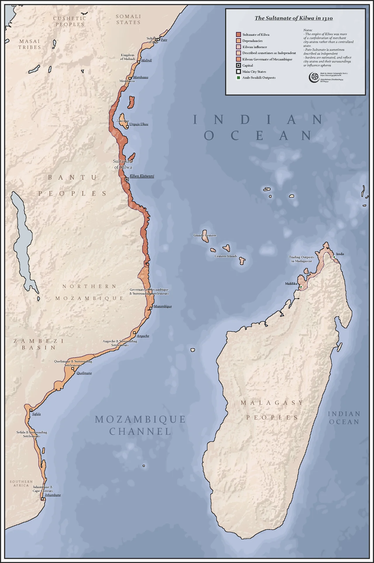A map depicting the sultanate of Kilwa in the year 1310
Main Source: "Al-'Omaniyyun wal jihad al islami fi sharq afriqia"

and many other sources and resources used