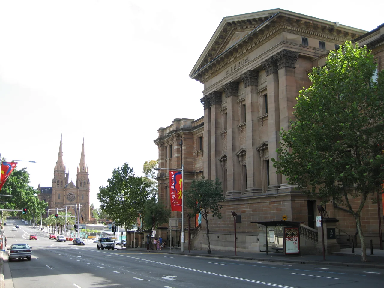 The Australian Museum, with St Mary's Cathedral in the background, Sydney, Australia.