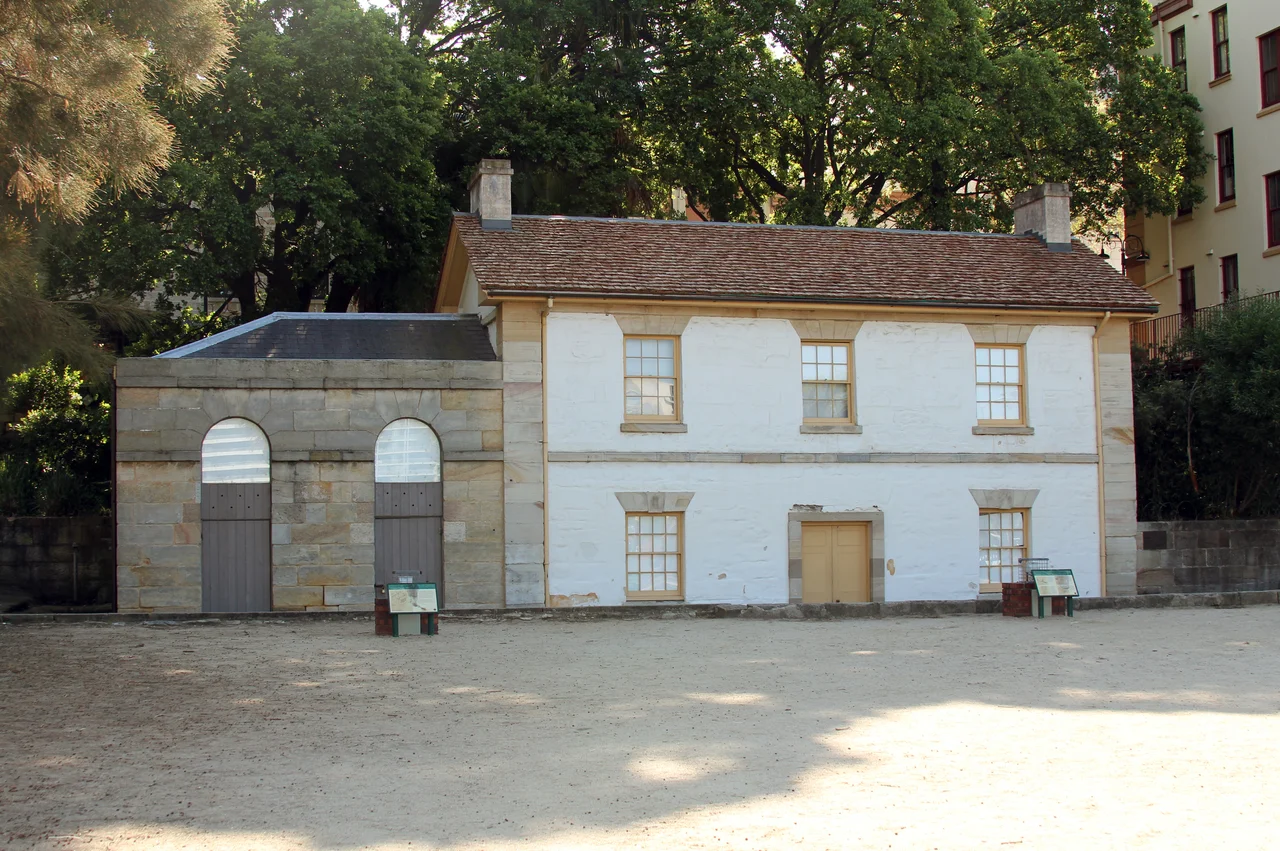Frontal view of Cadman's Cottage at The Rocks, a heritage-listed site in Sydney, Australia.