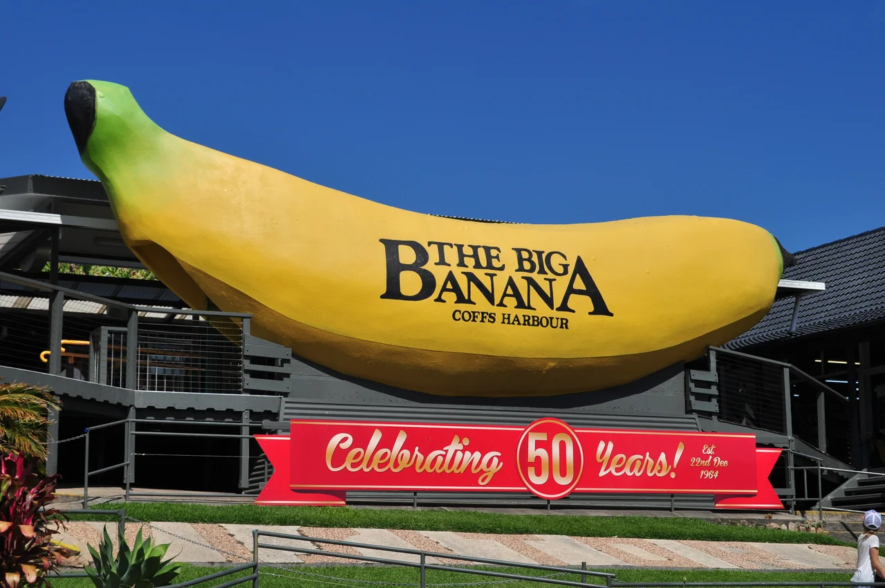 Big Banana at Coffs Harbour NSW with its Celebrating 50 Years banner.