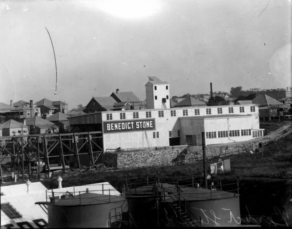 Benedict Stone Factory at Bowen Hills, Brisbane, ca. 1934
Benedict Stone was not a natural stone. It was invented by an American, Mr Benedict, by mixing cement with crushed natural stone and could be moulded into any shape. It was difficult to detect the difference with natural stone and eliminated the minerals which caused natural stone to disintegrate. It was planned to use it in the construction of the Cathedral of the Holy Name in Fortitude Valley. (Description supplied with photograph).
