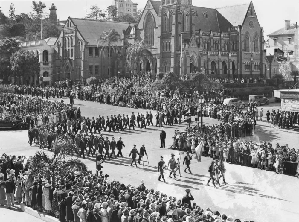 Anzac Day procession through Albert Square, Brisbane, ca. 1937
It was declared that in future, Albert Square was to be known as King George Square in 1938. (Description supplied with photograph.).