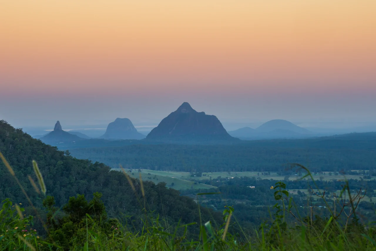 Glass House Mountains viewed from Mary Cairncross Reserve.