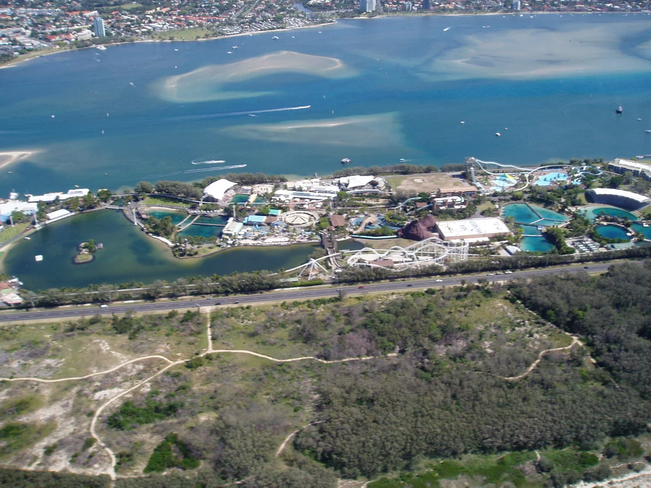 An aerial view of Sea World in Queensland, Australia.