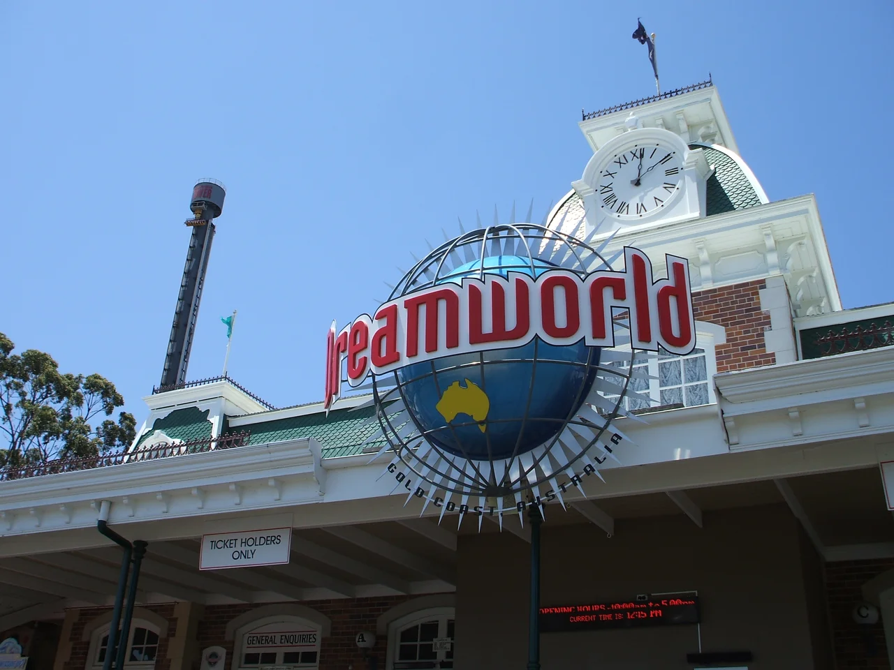A shot of Dreamworld's front entrance building and the Dreamworld Tower.