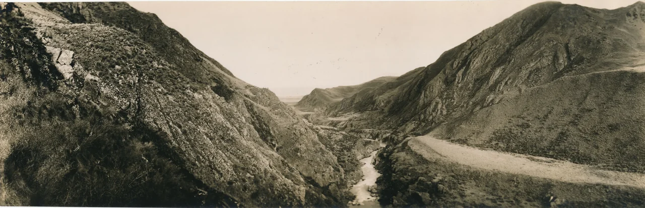 Panoramic view looking down Rangitata Gorge, Waitaha Canterbury, c. 1930s. Photographed by Bobbie Barwell of Barwell Studios, Ashburton, 05.2013.1199, AM&amp;HS Collection.
