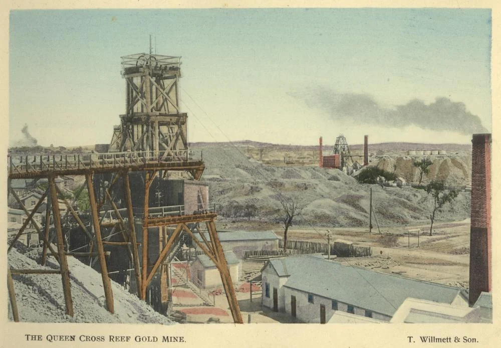 Hand coloured photograph of the Queen Cross Reef gold mine, Charters Towers, 1904.
Due to the Gold boom between 1872 and 1899, Charters Towers operated the only Stock Exchange outside of a capital city. During this period, the population was approximately 27,000, making Charters Towers, Queensland s largest City outside of Brisbane. Today the main industries are mining and beef cattle. There are also several world class boarding schools in the area.
This is a photograph taken from a small album of hand coloured photographs about Charters Towers, including some mines, published by T. Willmett & Son, Charters Towers in 1904.